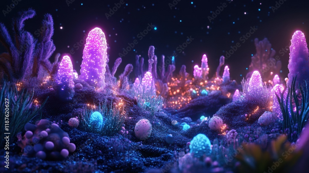 Aufkleber Vibrant microscopic landscape filled with glowing viruses in a surreal environment at night. Generative AI