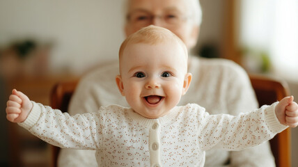 Child's First Step, Happy baby smiling with arms outstretched toward loving grandparent