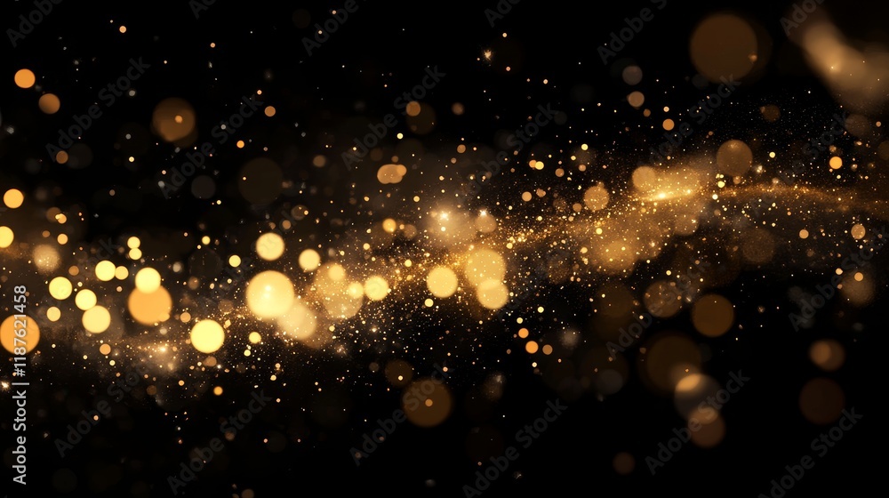 Poster golden bokeh lights on black background creating a magical, abstract atmosphere