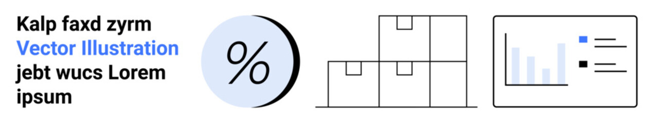 Business data elements including percentage symbol, stacked storage boxes, and bar chart. Ideal for infographics, business reports, presentations, websites, marketing, financial analysis, study