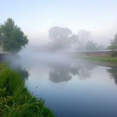 Misty morning over a calm river in the countryside.