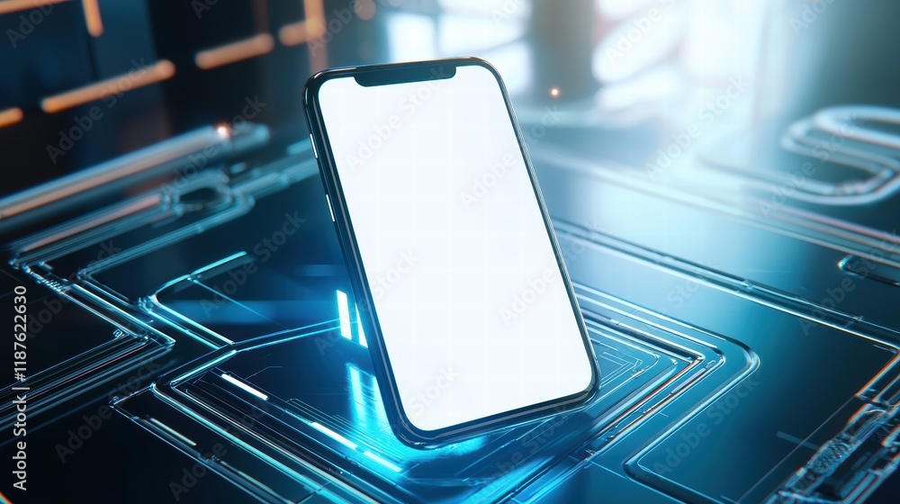 Aufkleber floating smartphone mockup with a clean white screen displayed on a futuristic digital interface bac
