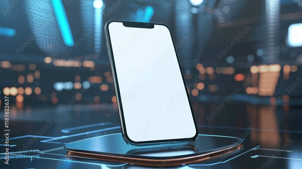 Poster floating smartphone mockup with a clean white screen displayed on a futuristic digital interface bac