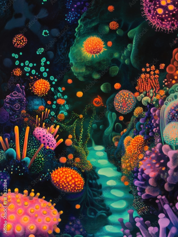 Aufkleber vibrant microscopic landscape filled with glowing viruses and colorful microorganisms in a surreal e
