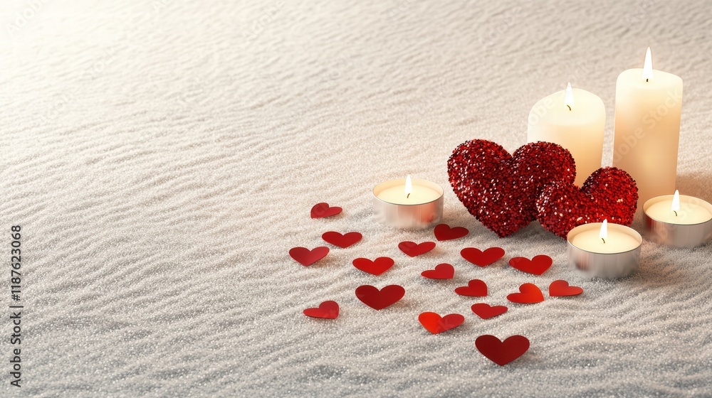 Poster large red heart-shaped confetti scattered over a soft surface with small candles around it, creating