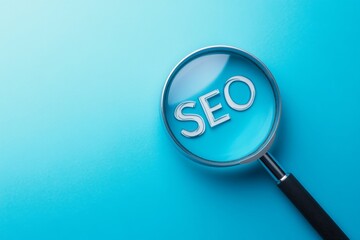Magnifying glass highlighting SEO letters on a bright blue background for digital marketing insights