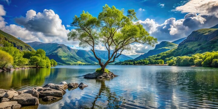 Lonely Tree by Llyn Padarn Lake, Summer Scenic Landscape