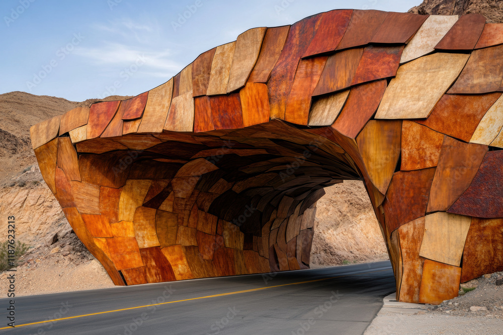Poster biomimicry, a detailed photorealistic image of a heat-resistant building, showcasing modern architec