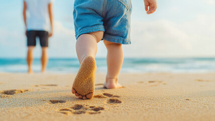 Child's First Step, Tiny footprints on beach, child walking towards ocean waves