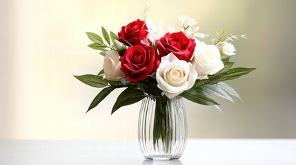 Fototapeta premium Romantic Valentine's Day flower arrangement featuring a combination of red and white roses in a glass vase