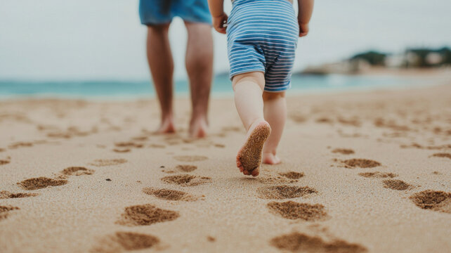 Child's First Step, Child first steps on beach, leaving tiny footprints in sand