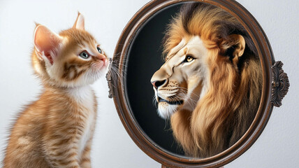 Cat looking at mirror and sees itself as a lion. Self esteem or desire concept.
