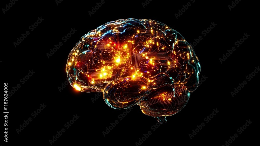Poster glowing digital brain with neural network and circuit connections