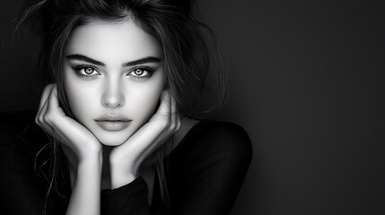 Fototapeta premium Artistic black white photography young professional woman thoughtful expression clean minimalist background dramatic studio lighting moody atmosphere Ultra-Realistic Photo Realistic highly detailed 