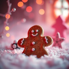 Festive gingerbread man in snowy scene.