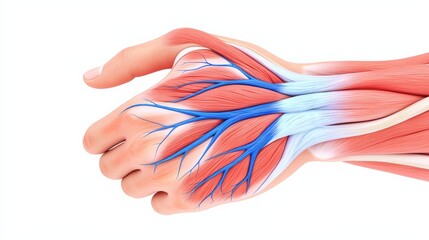 Anatomy of Human Hand Muscles and Blood Vessels Medical Illustration Educational Context Scientific Study Detailed View Human Biology