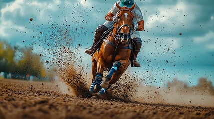 Fototapeta premium Thrilling moment of a polo player striking the ball midgallop with dust flying up from the field using motion blur photography to highlight the speed