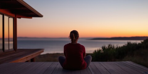A woman sits peacefully in meditation, gazing at a stunning sunset over the tranquil waters, invoking feelings of calmness and connection with nature's beauty.