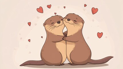 Adorable otter couple embracing with hearts