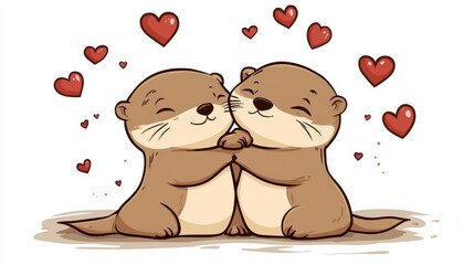 Adorable otters embracing with hearts in cute cartoon style