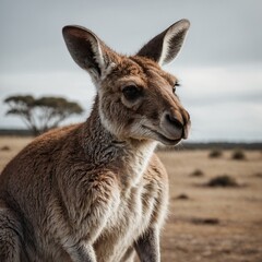 A kangaroo looking towards the horizon, with a clean white backdrop.