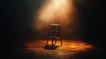 Spotlight on empty wooden stool in dark room.