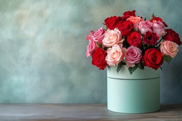 Beautiful bouquet of roses in a mint green box placed on a wooden table