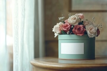 Elegant arrangement of roses in a decorative box displayed by a window in a cozy interior setting