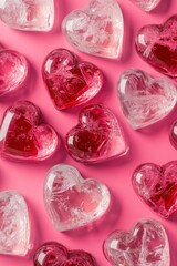 Fototapeta premium Heart-shaped ice cubes arranged on a bright pink surface create a festive and romantic atmosphere for celebrations or special occasions