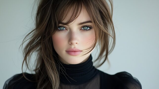 Modern fine art headshot woman classic style thoughtful gaze white background diffused lighting Ultra-Realistic Photo Realistic highly detailed 