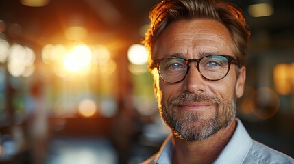 Fototapeta premium A man with glasses and a warm smile in a blurry background of a well-lit room, capturing the essence of casual lifestyle and confidence in an everyday setting, with light casting a soft glow