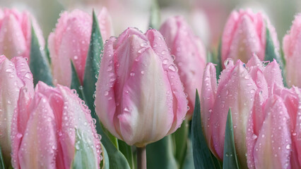 Fototapeta premium dewy pink tulips in a romantic photography style. The tulips are super fresh and covered with morning dewdrops, which create a romantic atmosphere