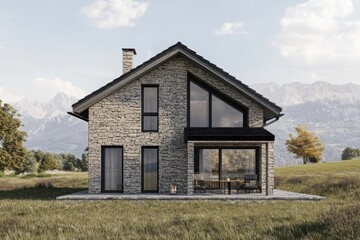 Obraz premium A contemporary stone house is nestled in a tranquil landscape, surrounded by majestic mountains in the background, all under a bright, clear sky during the day
