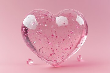Transparent glass heart with pink glitter on soft pink background