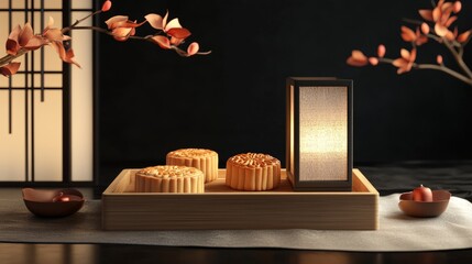 Traditional mooncakes on wooden tray with asian-inspired decor and soft lighting
