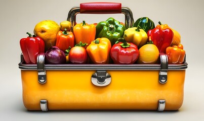 Colorful fruits and vegetables overflowing from a yellow toolbox.