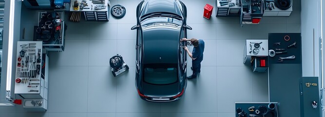 A professional car mechanic repairing a luxury vehicle, tools and car parts neatly arranged in a modern garage