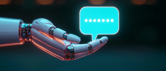Obraz premium Illuminated Robotic Hand with Communication Bubble in a Dim Environment
