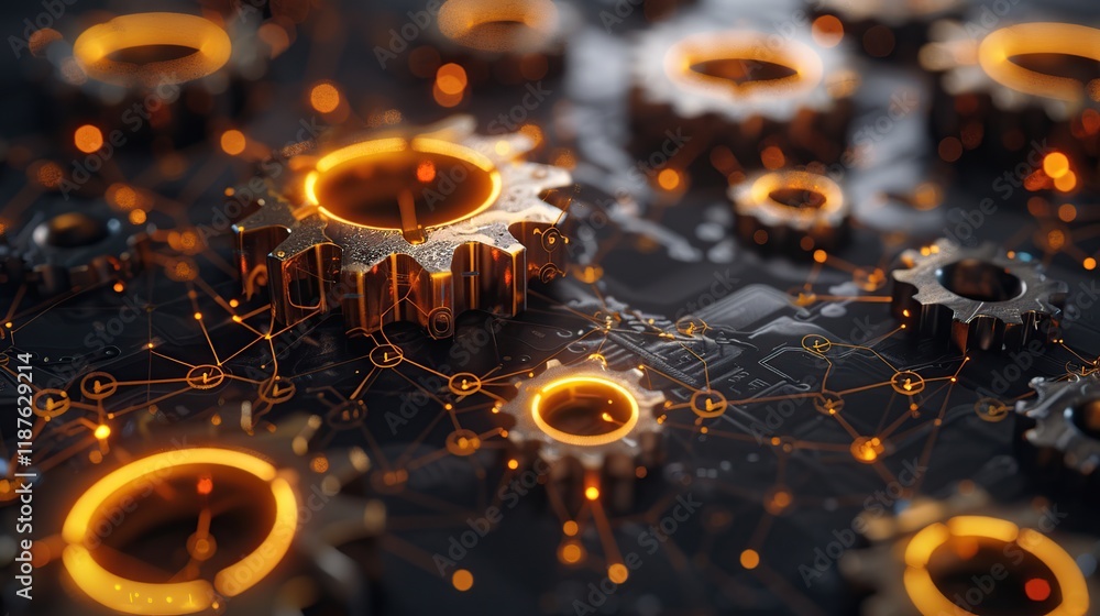 Aufkleber futuristic abstract design highlighting interconnected gears in a digital communication network