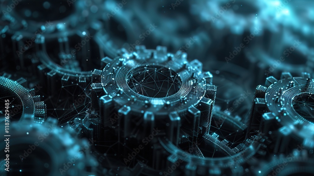 Poster abstract digital communication background featuring a network of intricately interconnected gears