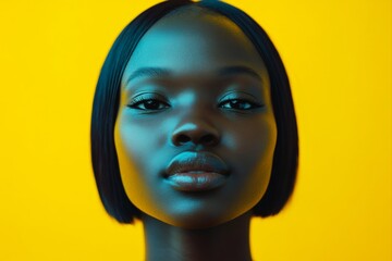 Commercial digital ads visual idea art. Pretty happy black girl - for ads, magazine ad and social platforms promotion use. Short hairdo - straight hair. African american glam advertising.