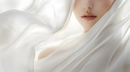 Woman Partially Veiled in White Flowing Fabric