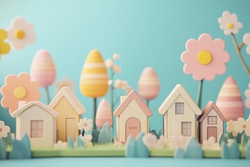 Fototapeta premium Whimsical miniature wooden houses in a pastel fantasy landscape with striped trees and flowers