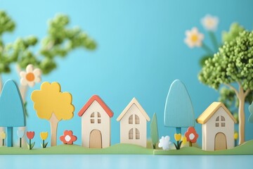 Colorful wooden toy village with houses and trees in a whimsical landscape