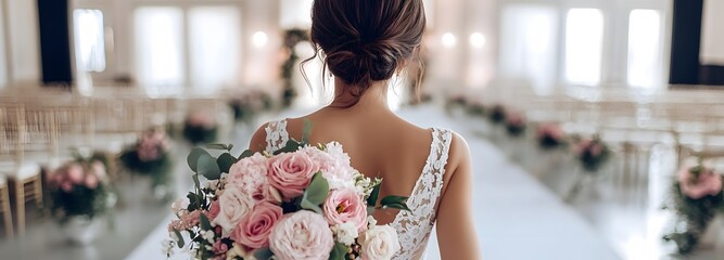 A wedding planner coordinating an event, overseeing floral arrangements, seating, and decor in a grand venue