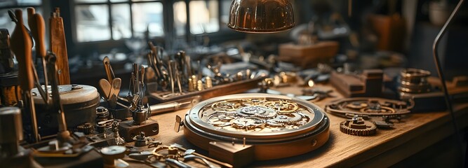 A high-end watchmaker crafting intricate timepieces, detailed gears, and tools displayed on a workbench in a well-lit studio
