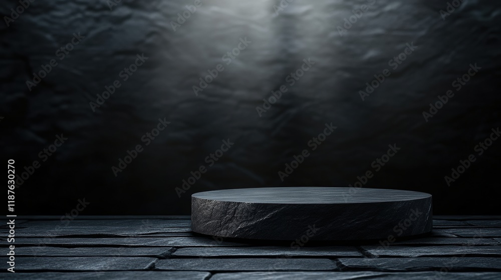 Poster a dark, empty stage features a circular stone platform illuminated by soft light, creating a dramati