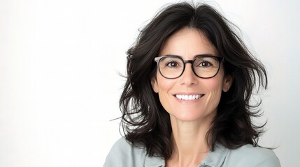 Obraz premium Confident Woman with Glasses: A close-up shot of a smiling woman with glasses, radiating confidence and approachability.
