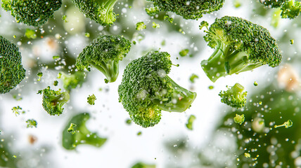 Falling pieces of fresh green broccoli isolated on white background. Healthy food concept
