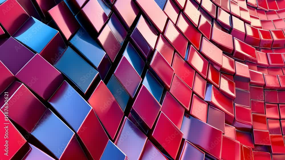 Poster cubes creating a dynamic wave structure with vivid red and blue colors, cubes form a wave abstract m
